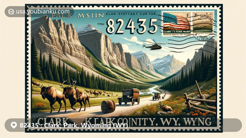 Modern illustration of Clark, Park County, Wyoming, with ZIP code 82435, showcasing Beartooth Highway leading to Yellowstone National Park, featuring Beartooth and Absaroka Mountains, wildlife like elk and bears, historical elements related to Lewis and Clark Expedition and Chief Joseph, and vintage postal theme with Clark's Fork River stamp and 'Clark, WY 82435' postal marks.