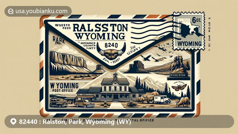 Modern illustration of Ralston, Park County, Wyoming, highlighting postal theme with ZIP code 82440, featuring iconic landmarks like Independence Rock and Old Faithful Inn.