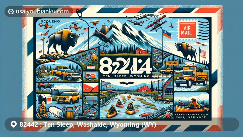 Modern illustration of Ten Sleep, Washakie County, Wyoming, featuring ZIP code 82442, showcasing Bighorn Mountains, ranching community, outdoor activities like rock climbing and kayaking, annual Ten Sleep Rodeo, Wyoming state flag, and connection to postal services.