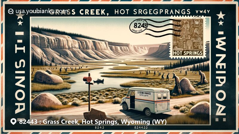Modern illustration of Grass Creek, Hot Springs County, Wyoming, capturing the essence of ZIP code 82443, featuring Legend Rock Petroglyph Site, Hot Springs State Park, and Wind River Canyon.