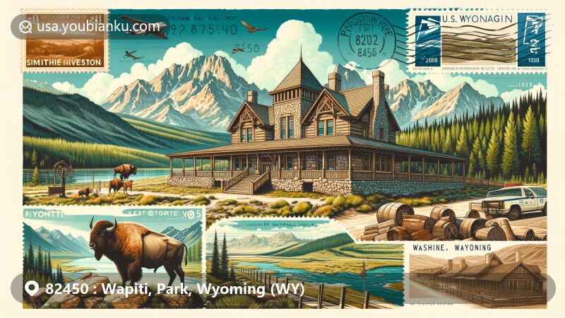 Modern illustration of Wapiti, Park, Wyoming, highlighting ZIP code 82450, featuring Shoshone National Forest, Smith Mansion, Wapiti Ranger Station, Rocky Mountains, and Shoshone River.
