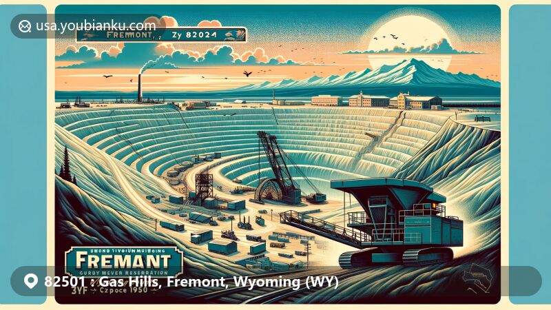 Modern illustration of Gas Hills, Fremont County, Wyoming, showcasing uranium mining history and natural beauty, in vintage postcard theme with ZIP code 82501.