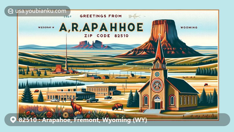 Modern illustration of Arapahoe, Fremont, Wyoming, depicting key landmarks and cultural elements, showcasing Wind River Indian Reservation with St. Stephen's Mission Church, Devils Tower, local wildlife, and nature.