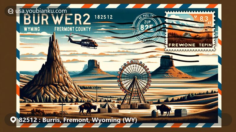 Modern illustration of Burris, Fremont County, Wyoming, featuring Bighorn Medicine Wheel, Devils Tower, and Wyoming state flag in a postal theme design, highlighting Native American heritage and iconic landscapes.