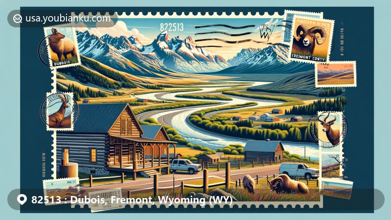 Modern illustration featuring ZIP code 82513 in Dubois, Fremont County, Wyoming, showcasing the Wind River and Absaroka Mountains, rustic log buildings, Big Wind River, National Bighorn Sheep Interpretive Center, Dubois badlands, and postal elements.