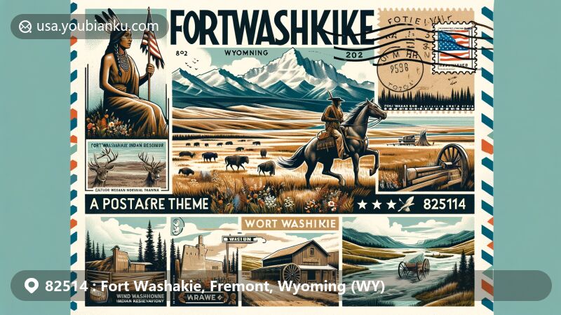 Modern illustration of Fort Washakie, Wyoming, Fremont County, featuring Wind River Indian Reservation, Wind River Range, Sacagawea statue, Chief Washakie imagery, postal elements, vintage postage stamp with ZIP Code 82514, and Wyoming state flag.