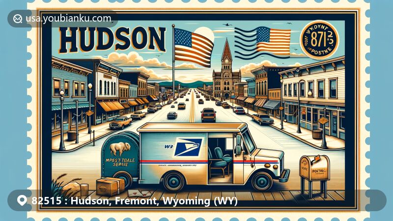 Modern illustration of Hudson, Fremont County, Wyoming, highlighting ZIP code 82515 with downtown charm and community spirit, featuring state flag and postal service elements.