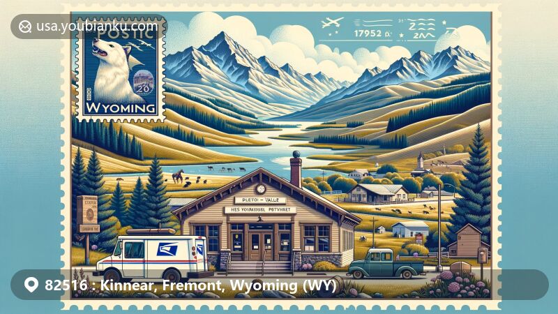 Modern illustration of Kinnear, Wyoming, with postal theme, featuring picturesque valley, Wind River Range, post office with ZIP code 82516, vintage postage stamp, mail truck, and mailbox, reflecting local community's connection to nature and outdoor activities.