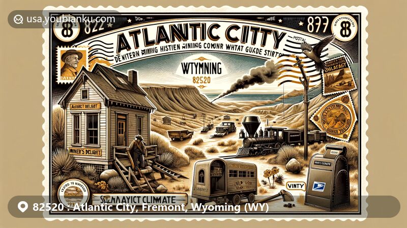 Modern illustration of Atlantic City, Wyoming, showcasing postal theme with ZIP code 82520, blending mining history and semi-arid landscape, featuring Miner's Delight ghost town and gold mining culture.