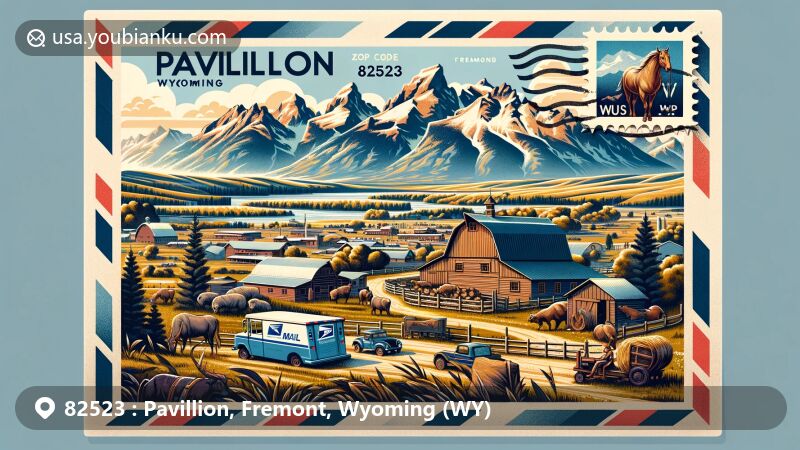 Modern illustration of Pavillion area, Fremont County, Wyoming, with ZIP code 82523, featuring Wind River Mountain Range backdrop, rural life scenes, and vintage airmail envelope with Wyoming state flag stamp.