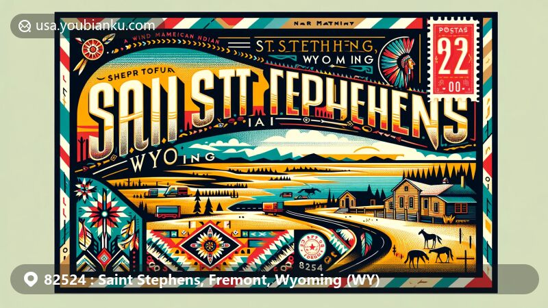 Modern illustration of Saint Stephens, Fremont County, Wyoming, highlighting Wind River Indian Reservation and St. Stephens Indian Mission & Heritage Center, featuring vibrant Native American designs and local landscapes.
