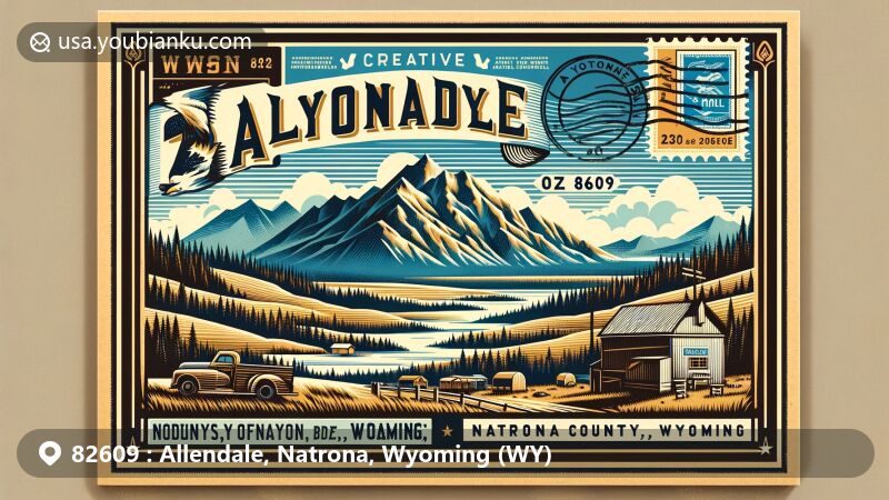 Modern illustration of Allendale, Natrona, Wyoming (WY), showcasing rugged landscapes and postal elements, highlighting ZIP code 82609 and geographical features of Natrona County.