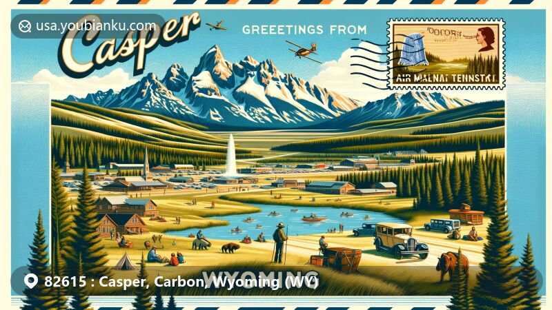 Modern illustration of Casper Mountain, Wyoming, featuring outdoor activities like hiking, fishing, and skiing, with a vintage postage stamp of Old Faithful geyser from Yellowstone National Park.