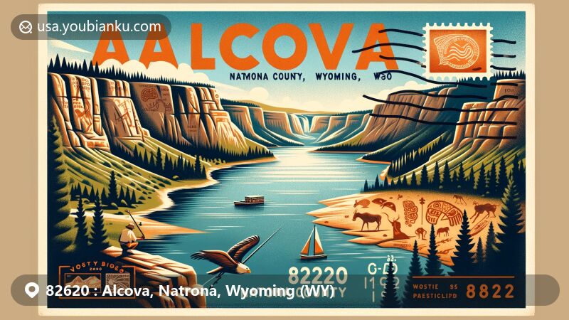 Modern illustration of Alcova, Natrona County, Wyoming, showcasing key attractions including Alcova Reservoir and Fremont Canyon, rich in Native American history.