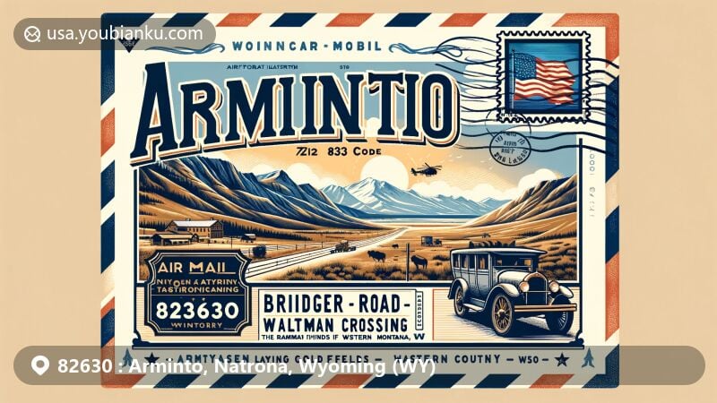 Modern illustration of Arminto, Natrona County, Wyoming, featuring vintage airmail envelope with prominent postal theme, showcasing 82630 ZIP code. The artwork captures Arminto's unique geographic location in northwestern Natrona County, Wyoming, at 6,053 feet above sea level with the backdrop of the Rocky Mountains. Bridger Road – Waltman Crossing historic marker is subtly incorporated, symbolizing the area's connection to the historical route to the gold mines of Western Montana, reflecting the spirit of exploration and pioneering. Wyoming state flag is cleverly integrated as a stamp on the envelope, indicating Arminto's position within the state.