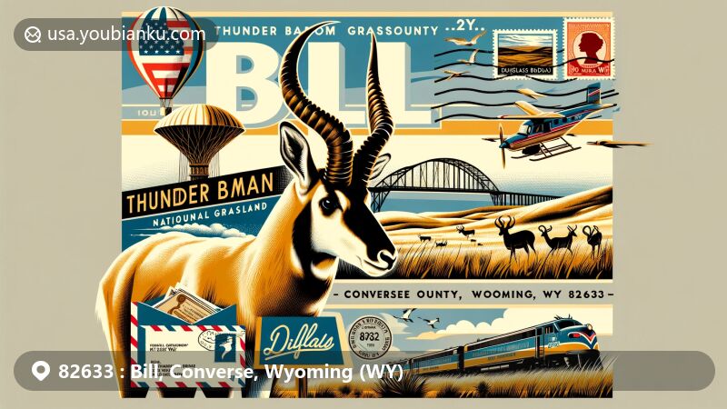 Modern illustration of Bill, Converse County, Wyoming, highlighting the picturesque Thunder Basin National Grassland with pronghorn antelope, Ayres Natural Bridge, and Douglas Railroad Museum, alongside vintage postal elements including air mail envelope, stamps, and postmark for ZIP code 82633.