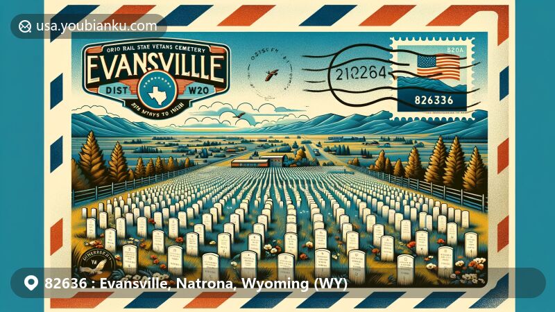 Modern illustration of Evansville, Natrona County, Wyoming, resembling vintage airmail envelope with Oregon Trail State Veterans Cemetery, Wyoming mountains, and Evansville text, featuring state flag postage stamp and postal cancellation mark.