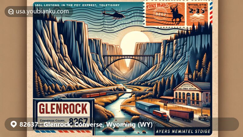 Modern illustration of Glenrock, Converse County, Wyoming, highlighting postal theme with ZIP code 82637, featuring Ayers Natural Bridge, Deer Creek Museum, and Glenrock train wreck site.