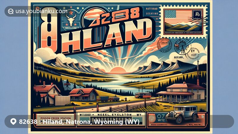 Modern illustration of Hiland, Natrona County, Wyoming, representing ZIP code 82638, featuring scenic Rocky Mountains landscape, vintage postal theme, state flag stamp, railway landmarks, and local biker community charm.