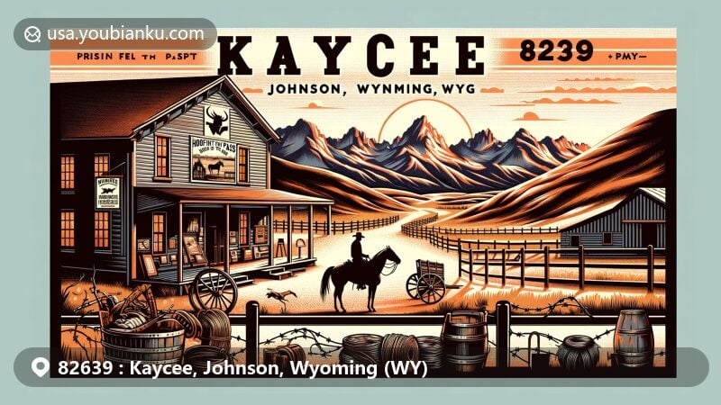 Modern illustration of Kaycee, Johnson County, Wyoming, showcasing Hoofprints of the Past Museum, Big Horn Mountains, cowboy on horseback, cattle ranching symbols, and vibrant sunset.