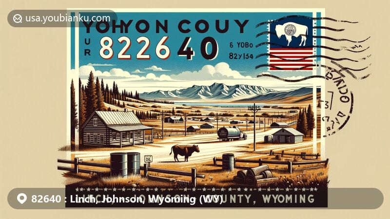 Modern illustration of Linch, Johnson County, Wyoming, highlighting rural and serene setting with expansive skies, rugged terrain, mountains, Wyoming state flag, and nod to the oil industry.
