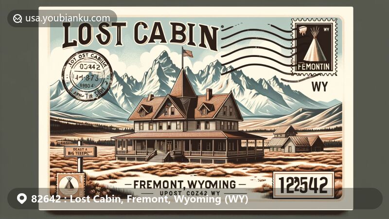Modern illustration of Lost Cabin, Fremont, Wyoming, showcasing postal theme with ZIP code 82642, featuring the Big Horn Mountains and the 'Big Teepee' mansion.