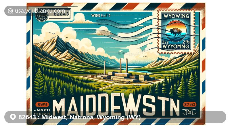 Modern illustration of Midwest, Wyoming with ZIP code 82643, depicting natural beauty and historical significance of the region, featuring Midwest Oil Refinery, state's mountains and green forests.