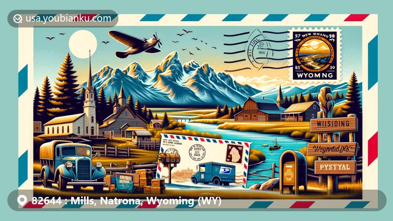 Modern illustration of Mills, Natrona, Wyoming, showcasing postal theme with ZIP code 82644, featuring scenic beauty, iconic landmarks like Fort Caspar, and vibrant community spirit.