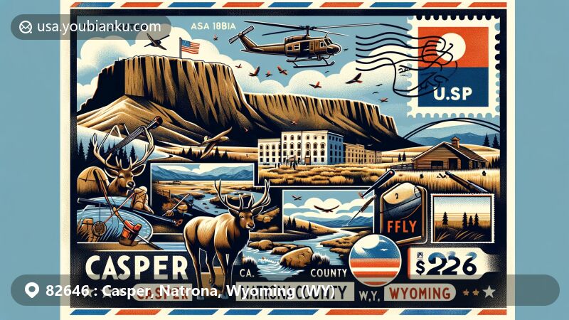 Modern illustration of Casper, Natrona County, Wyoming, with ZIP code 82646, featuring Fort Caspar, outdoor activities, and Wyoming landscapes.