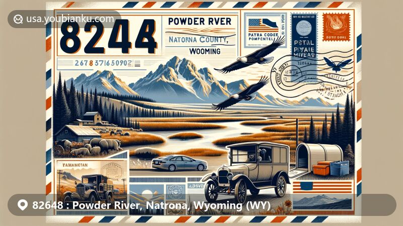 Modern illustration of Powder River, Natrona County, Wyoming, featuring scenic Rocky Mountain landscapes and postal theme with ZIP code 82648, including vintage postcard elements and Wyoming state symbols.