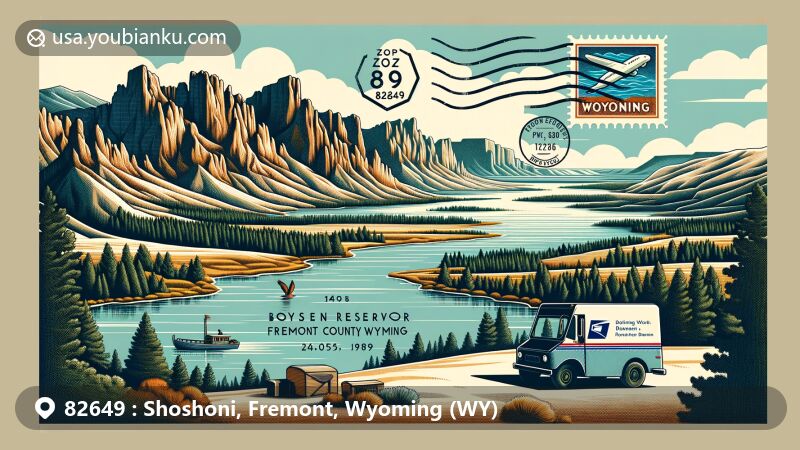 Modern illustration of Shoshoni, Fremont County, Wyoming, showcasing ZIP code 82649 with Boysen Reservoir and Wind River Canyon, blending natural landscapes and postal elements in a creative style.