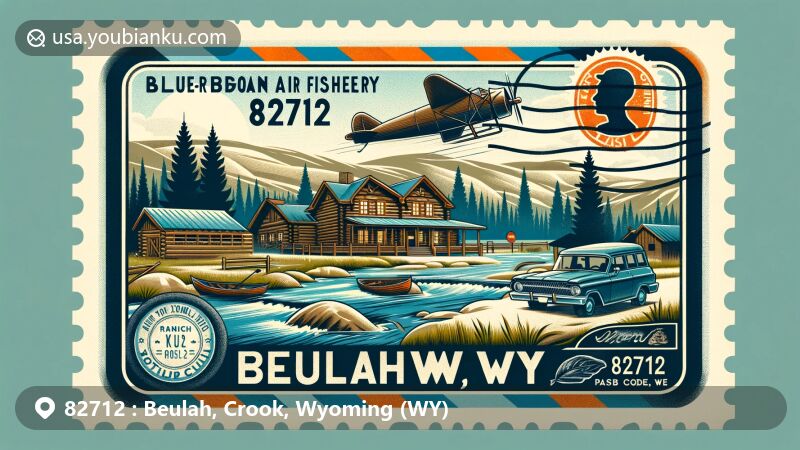 Modern illustration of Beulah, Wyoming, ZIP code 82712, featuring Sand Creek's scenic beauty and fishing spots, historic Ranch A's Finnish-crafted lodge, and the unique semi-arid landscape and weather patterns of the region, with integrated postal elements like a vintage air mail envelope.