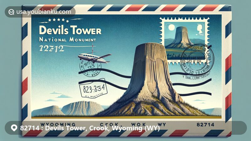 Modern illustration featuring Devils Tower National Monument and postal theme for ZIP code 82714 in Wyoming, showcasing volcanic origin of the tower and creative integration of natural and postal elements.