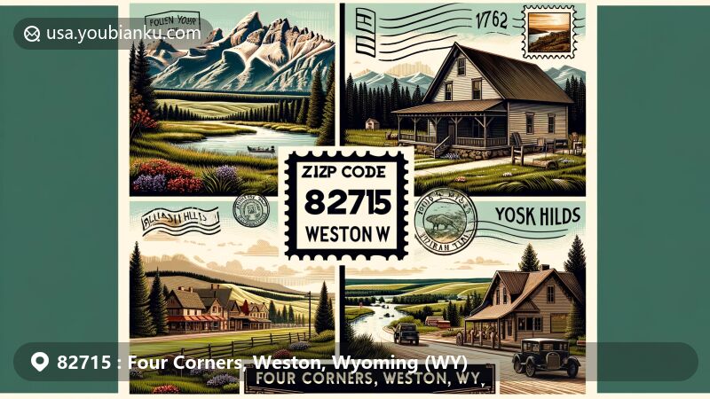 Modern illustration of Four Corners, Weston County, Wyoming, featuring Black Hills connection, Bear Lodge Mountains, and postal theme with ZIP code 82715.