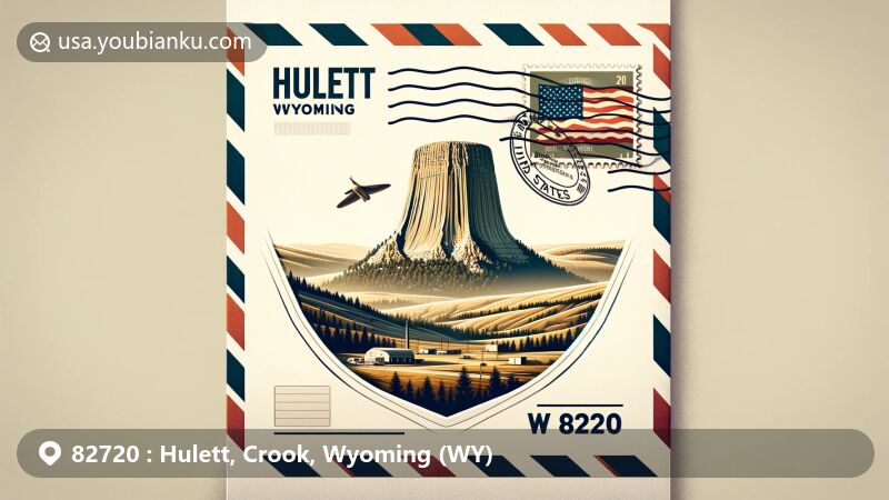 Modern illustration of Devils Tower, Hulett, Wyoming, showcasing postal theme with ZIP code 82720, featuring the iconic natural wonder against a backdrop of scenic beauty.