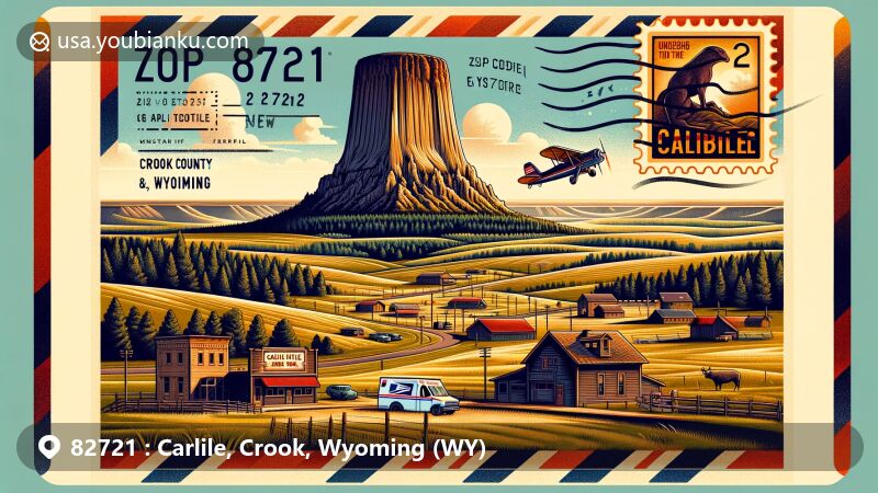 Modern illustration of the Carlile area in Crook County, Wyoming, showcasing postal theme with ZIP code 82721, featuring the iconic Devils Tower on a postage stamp, surrounded by natural beauty and rural charm.