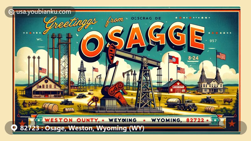 Modern illustration of Osage, Weston County, Wyoming, capturing historic elements like the Osage oil fields with 'Oklahoma Jacks' pump jacks and the Osage bentonite plant, set against a backdrop featuring the Wyoming state flag.