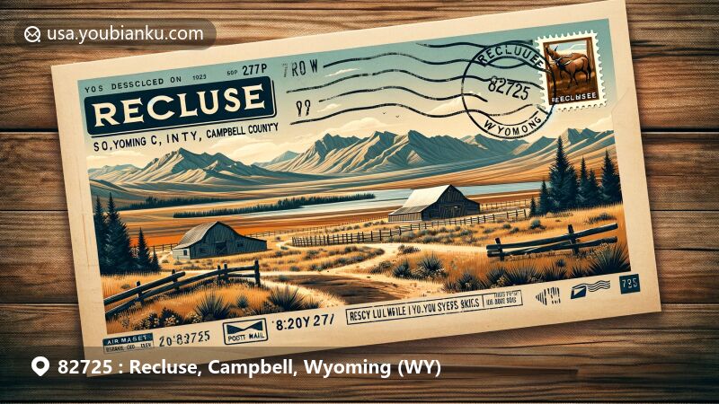 Modern illustration of Recluse, Campbell County, Wyoming, embracing rural charm and postal elements with ZIP code 82725, featuring Wyoming's rolling hills and isolated setting.