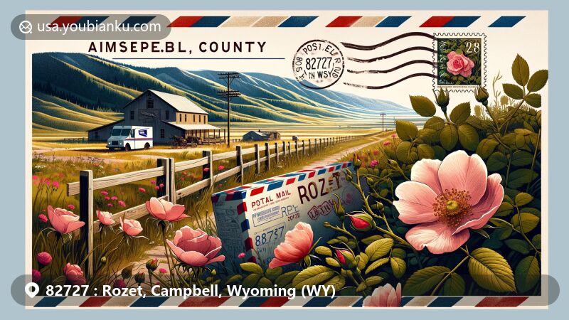 Modern illustration of Rozet, Campbell County, Wyoming, featuring rural charm and natural beauty, showcasing wild roses, open spaces, and rolling hills, with vintage air mail envelope displaying ZIP code 82727.