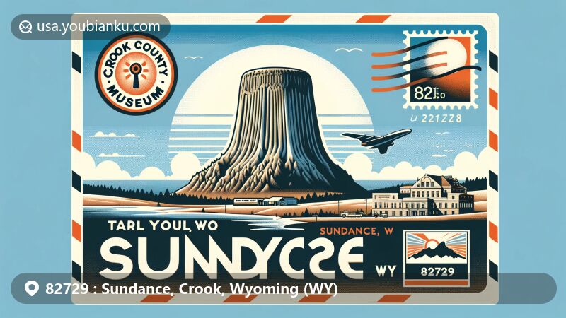 Modern illustration of Devils Tower National Monument in Sundance, Wyoming, featuring airmail envelope with vintage postal elements and ZIP code 82729, highlighting Crook County Museum symbols.