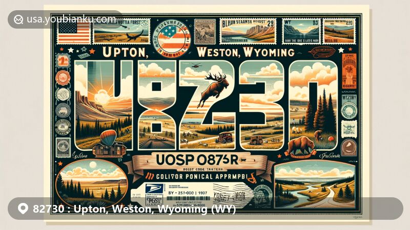 Modern illustration of Upton, Weston County, Wyoming, featuring ZIP code 82730, showcasing natural beauty of Black Hills National Forest and Thunder Basin National Grassland.