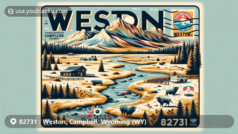 Modern illustration of Weston, Campbell County, Wyoming, highlighting postal theme with ZIP code 82731, featuring Thunder Basin National Grassland, Little Powder River, and Rocky Mountains.