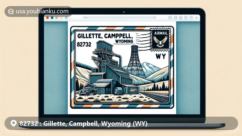 Modern illustration of Gillette, Campbell, Wyoming, showcasing postal theme with ZIP code 82732, featuring Eagle Butte Coal Mine and Devils Tower.