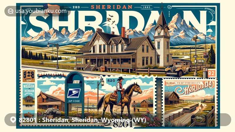Modern illustration of Sheridan, Wyoming, highlighting ZIP code 82801, with Bighorn Mountains in the background and iconic landmarks like Trail End State Historic Site, Historic Sheridan Inn, and Mandel Cabin, reflecting city's heritage and pioneering spirit.
