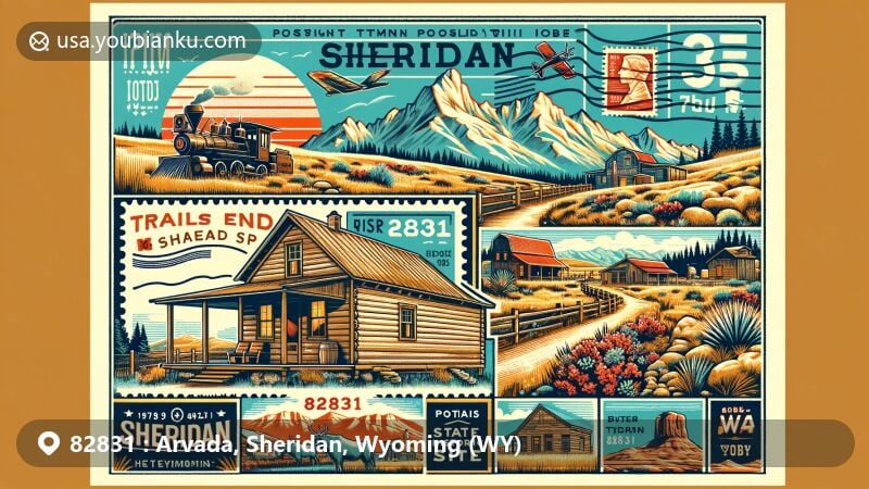 Modern illustration of Arvada, Sheridan County, Wyoming, with ZIP code 82831, showcasing Bighorn Mountains, Trails End State Historic Site, postcard, postage stamp, and small cabin, capturing small-town charm, natural beauty, and rich history of the region.