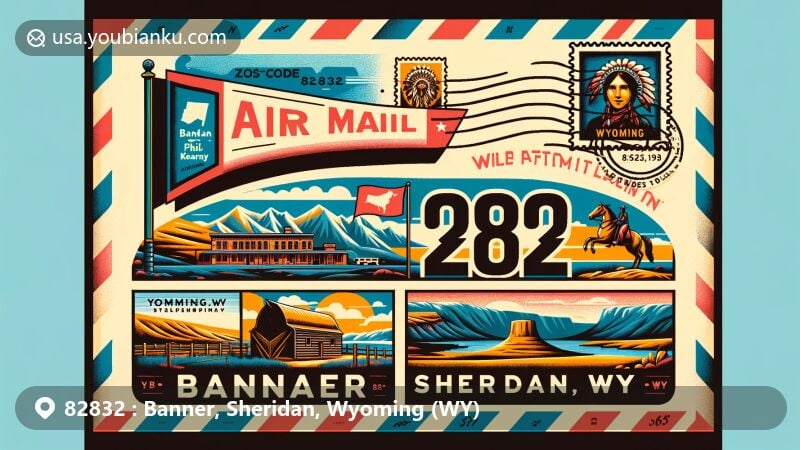 Modern illustration of a vintage-style air mail envelope from Banner, Sheridan, Wyoming, featuring Fort Phil Kearny historic landmark and Bighorn Mountains, with Wyoming state flag, postal stamp, postmark 