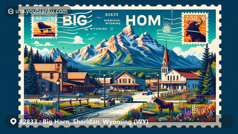 Modern illustration of Big Horn area, Sheridan County, Wyoming, featuring Brinton Museum against the backdrop of the Bighorn Mountains, with postal elements like stamps and postmark '82833', integrating Wyoming state flag for regional identity.