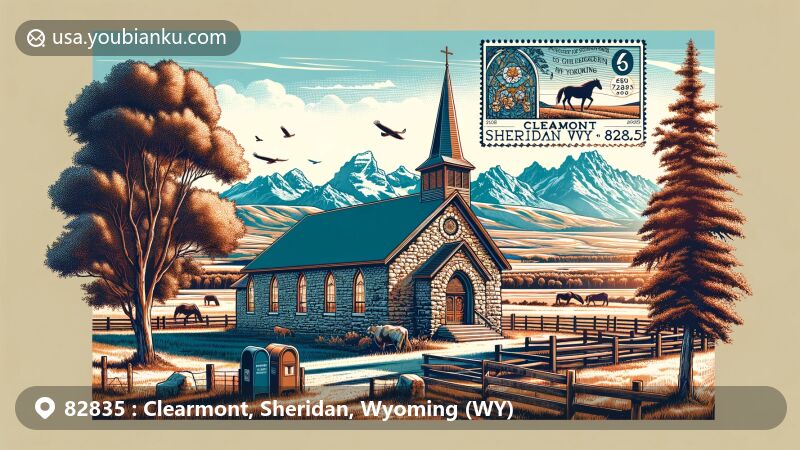 Modern illustration of Clearmont, Sheridan County, Wyoming, featuring iconic Ucross Chapel and majestic Bighorn Mountains, capturing small-town charm and natural beauty.