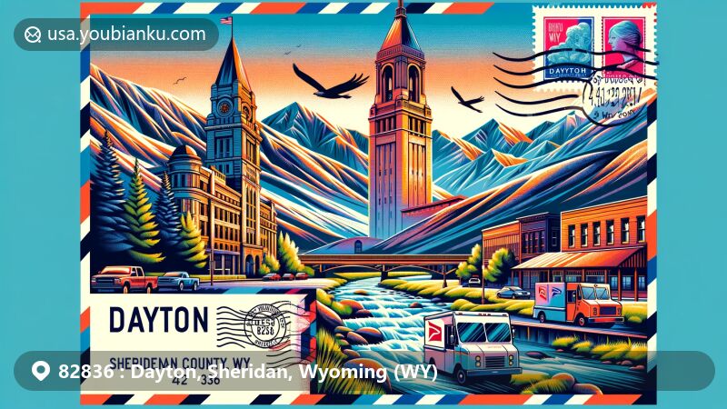 Modern illustration of Dayton, Sheridan County, Wyoming, highlighting postal theme with ZIP code 82836, showcasing Dayton Bell Tower, Tongue River Canyon, Dayton Mercantile, and Bighorn Mountains.