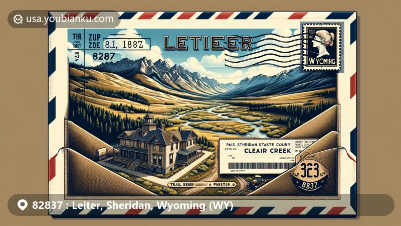 Modern illustration of Leiter, Sheridan County, Wyoming, featuring air mail envelope with vintage postal theme and ZIP code 82837, showcasing Clear Creek, Bighorn Mountains, and Trails End State Historic Site.